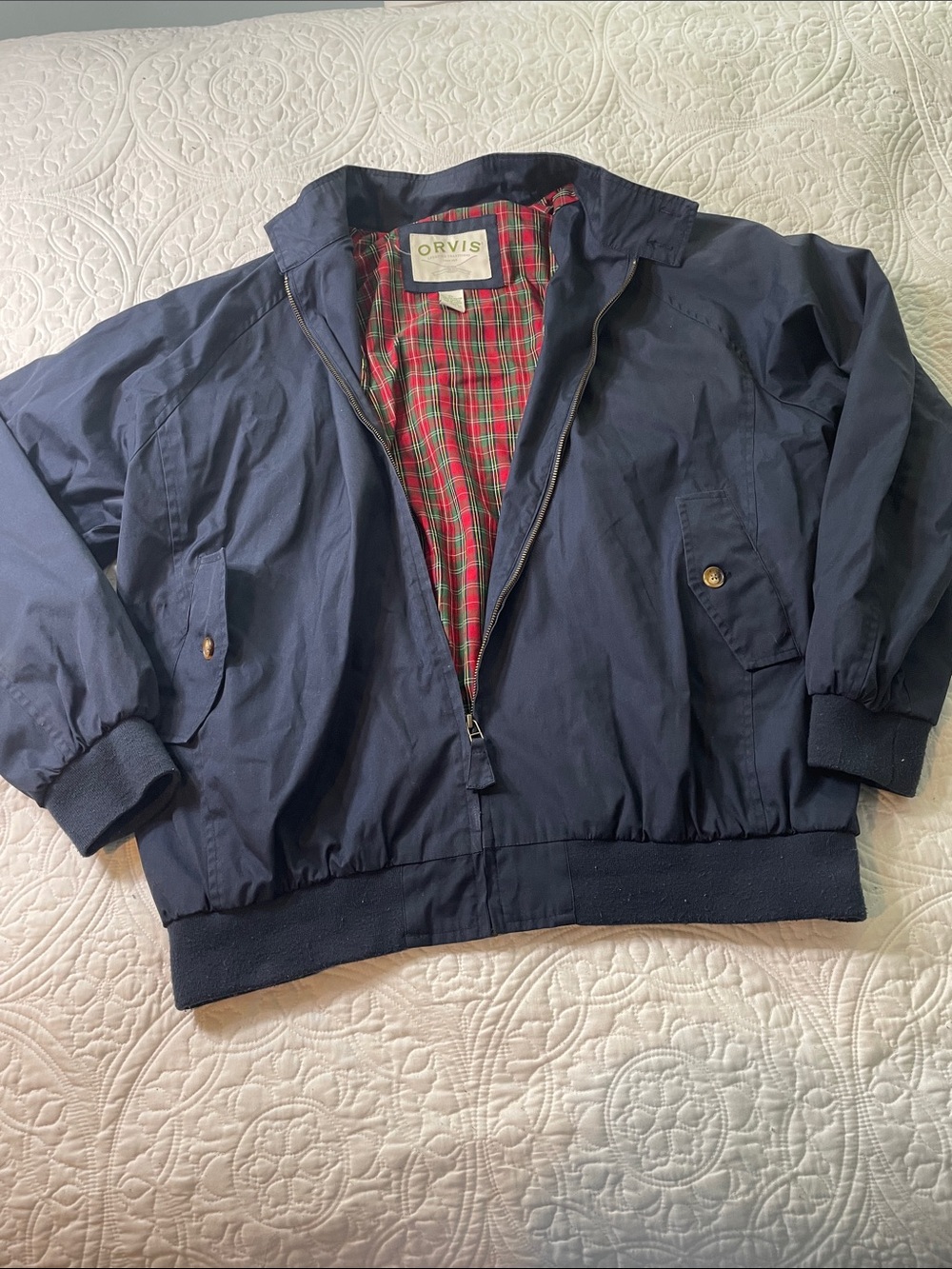 Orvis Navy Bomber Jacket with Red Plaid Lining
